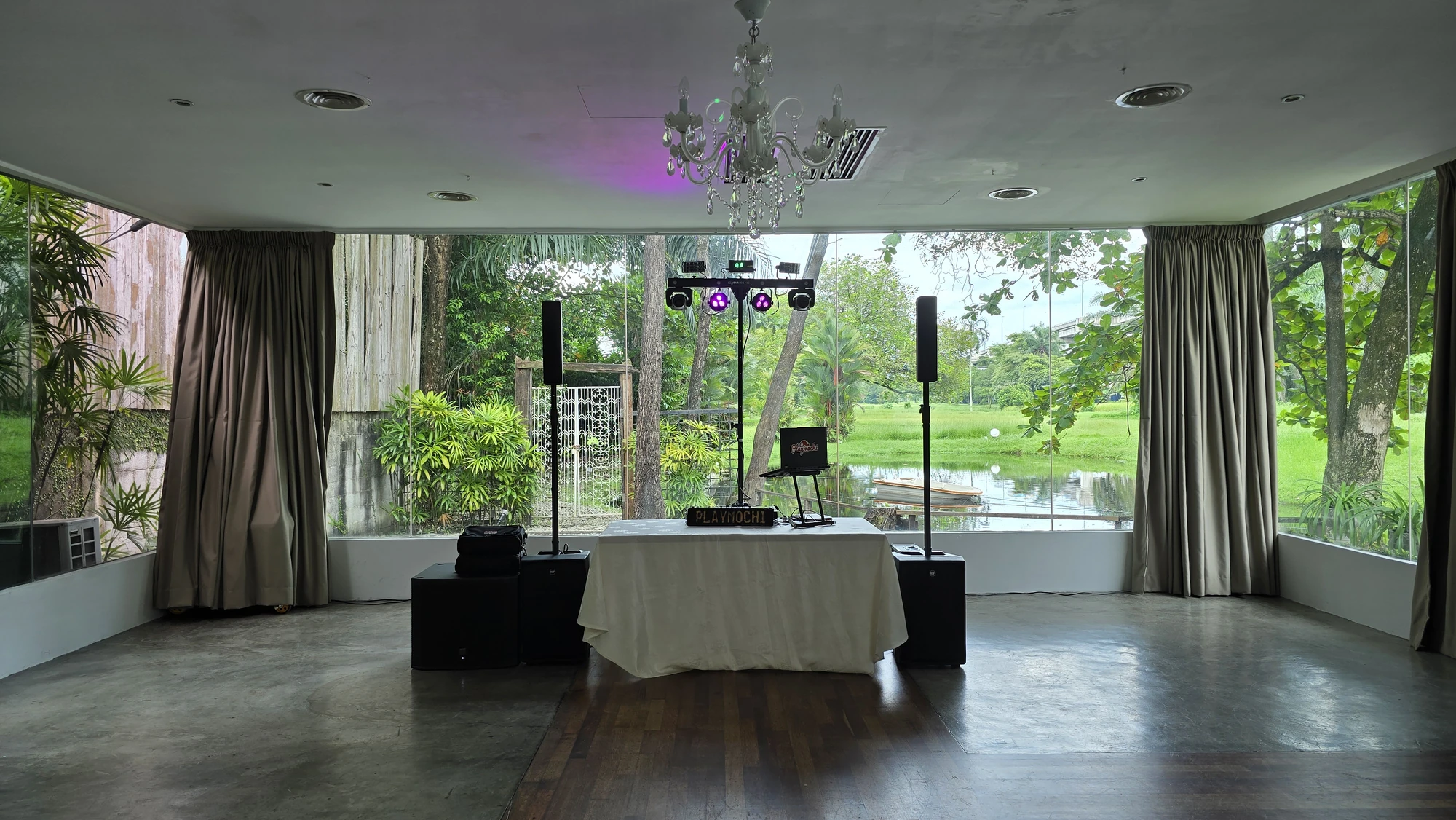 RCF Evox J8 column array speakers set up at an event