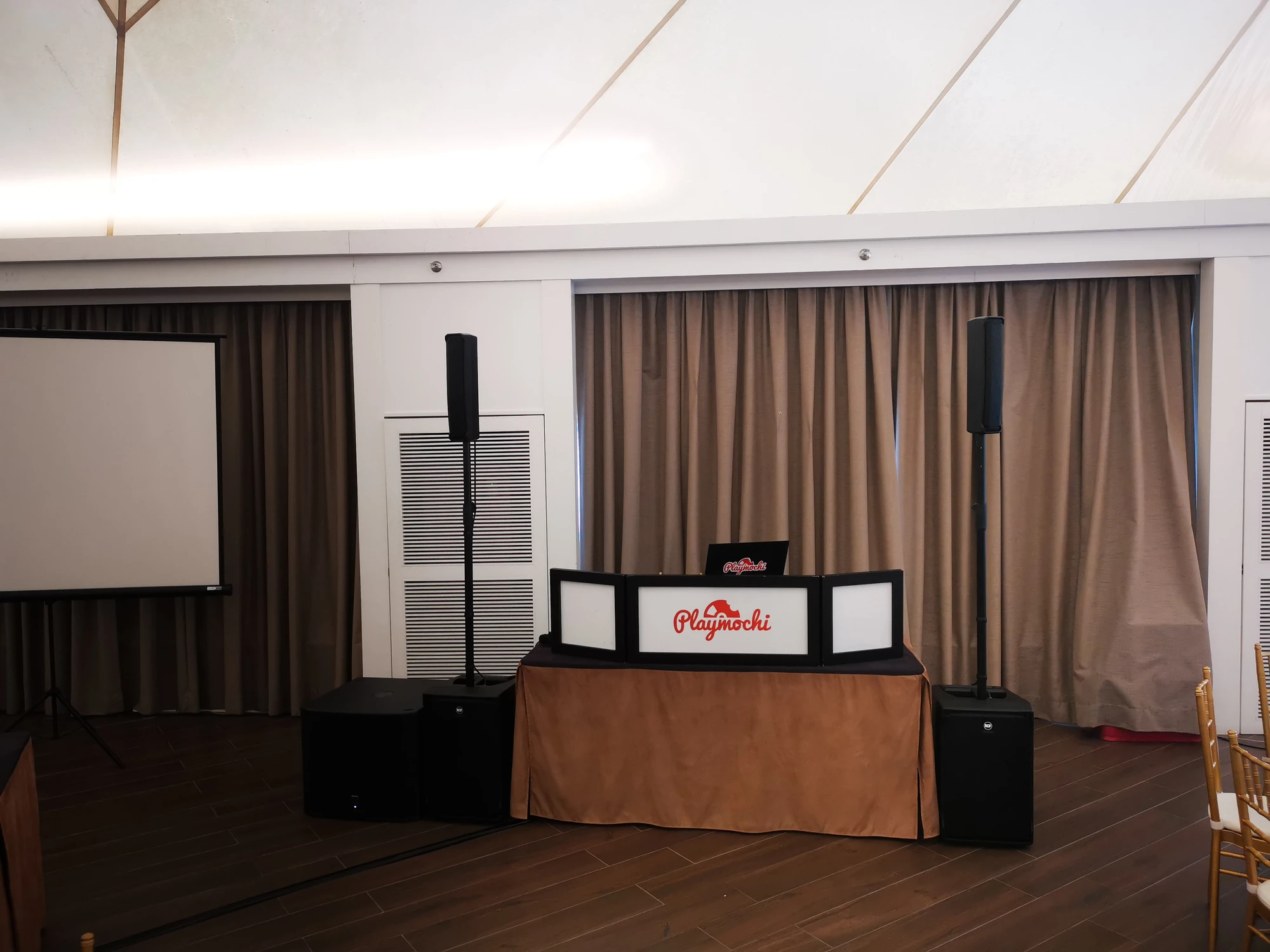 RCF Evox J8 column array speakers set up at an event
